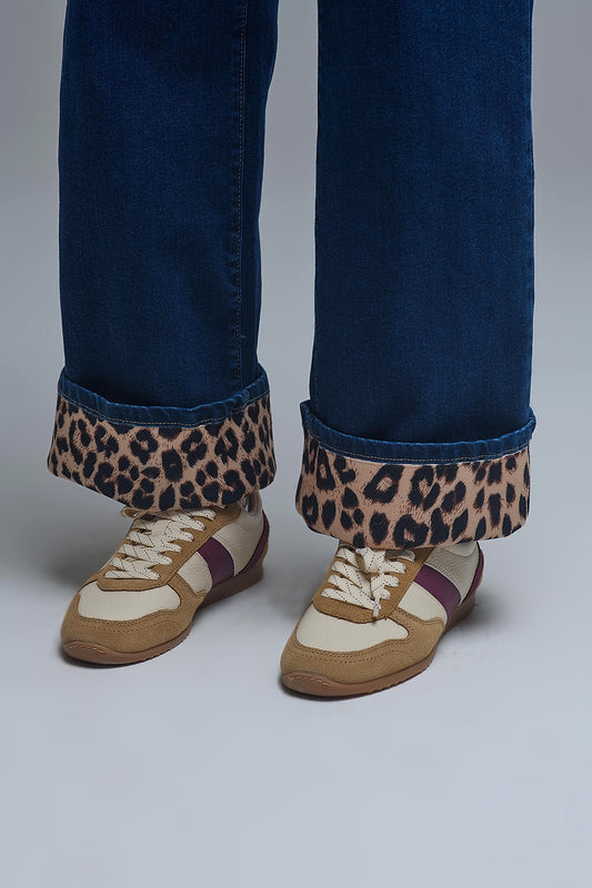 Marine Style Jeans With Contrasting Leopard Folded Hem - Jeans