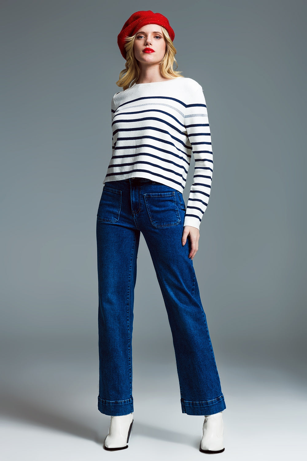 Marine Style Stripey Sweater With Button Detail At Shoulder - Jumpers