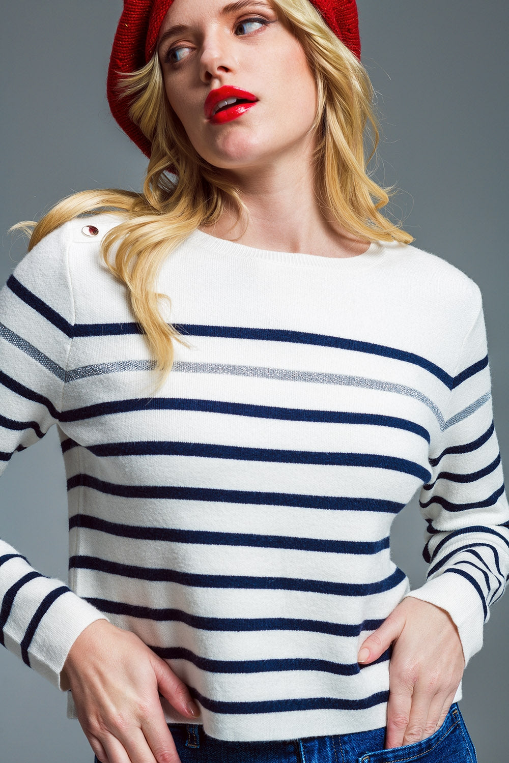 Marine Style Stripey Sweater With Button Detail At Shoulder - Jumpers