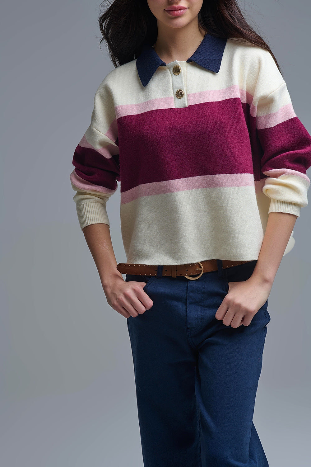 Maroon Striped Knit Sweater with Button Details - Sweaters