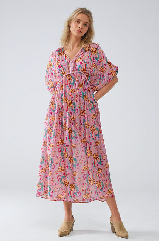 Maxi Dress In Pink With Braided Seams And Flower Print - Dresses