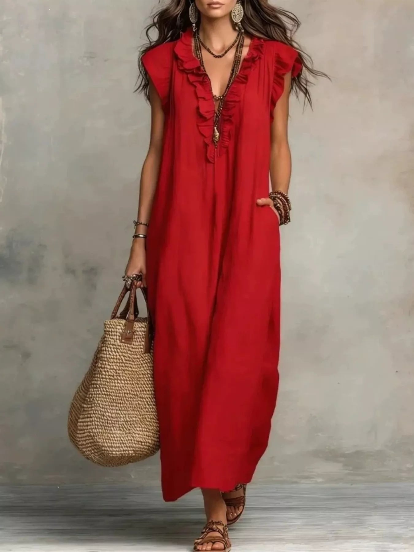 Full Size Ruffled V-Neck Cap Sleeve Maxi Dress Plus Size Red - Dresses