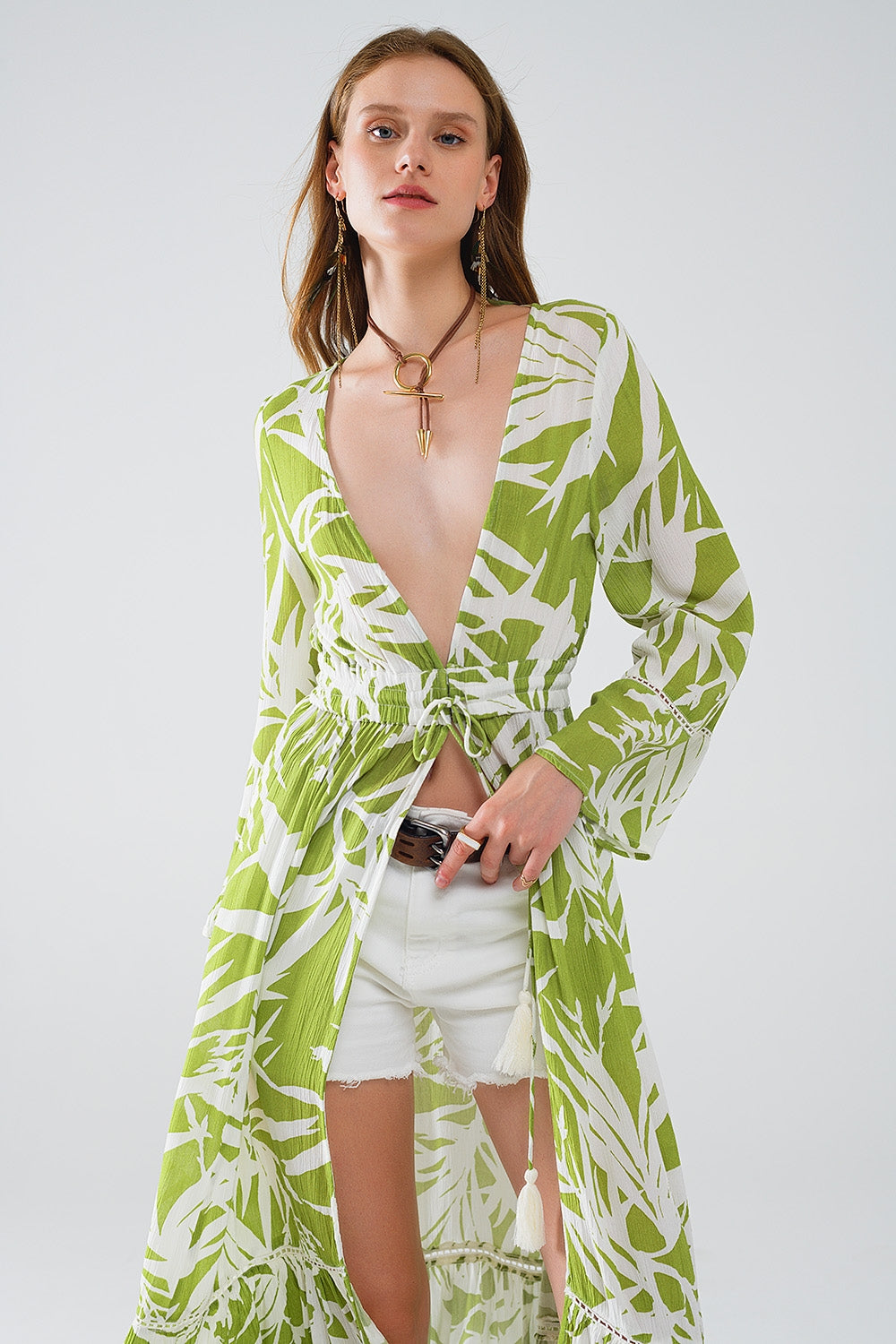 Maxi green kimono with tropical palm print - Jacket