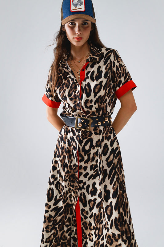 Maxi Leopard Button-Down Dress With Red Details - Dresses