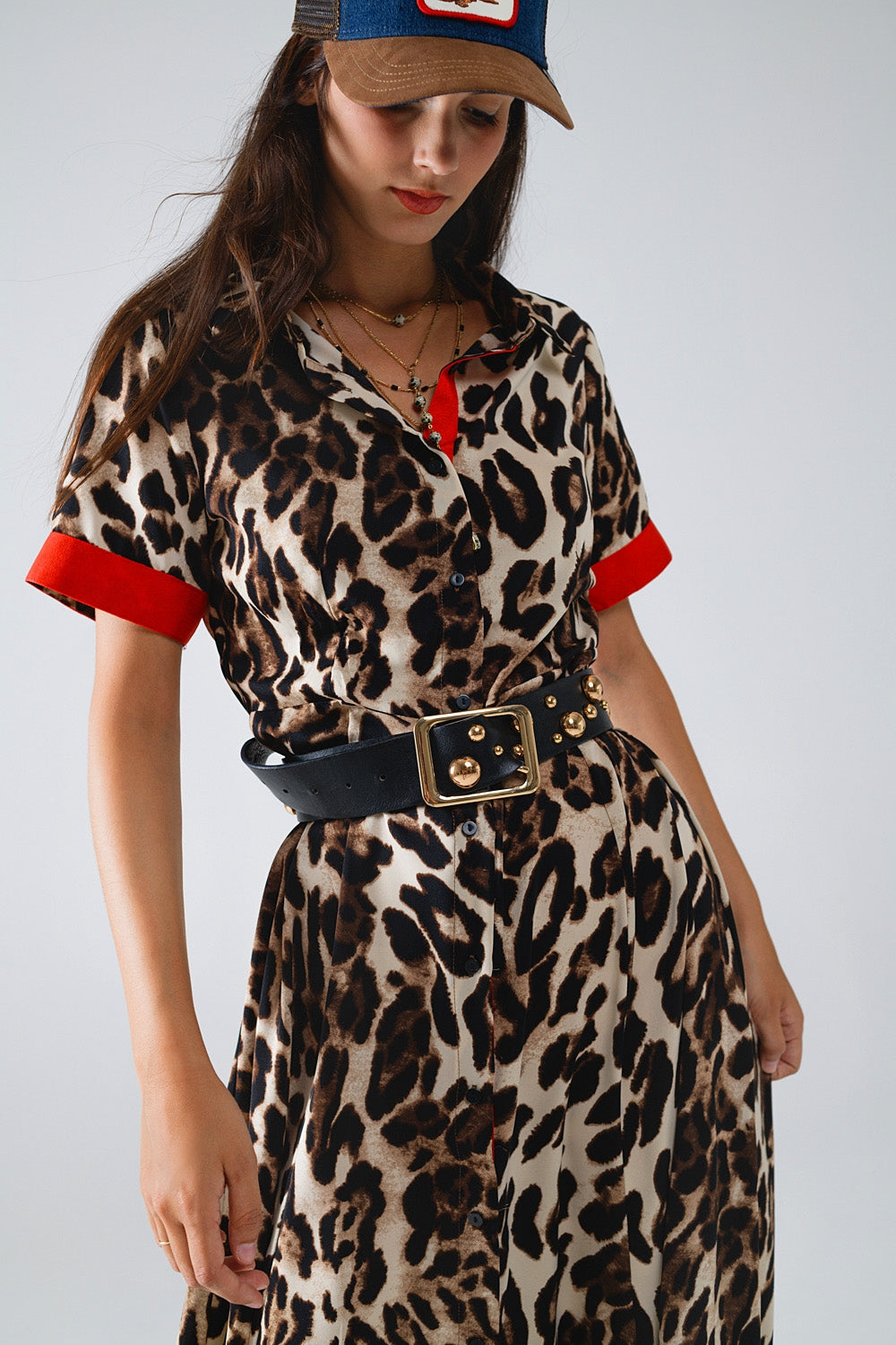 Maxi Leopard Button-Down Dress With Red Details - Dresses
