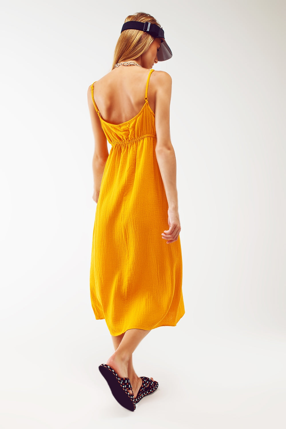 maxi yellow summer dress with straps and gathered waist - Dresses