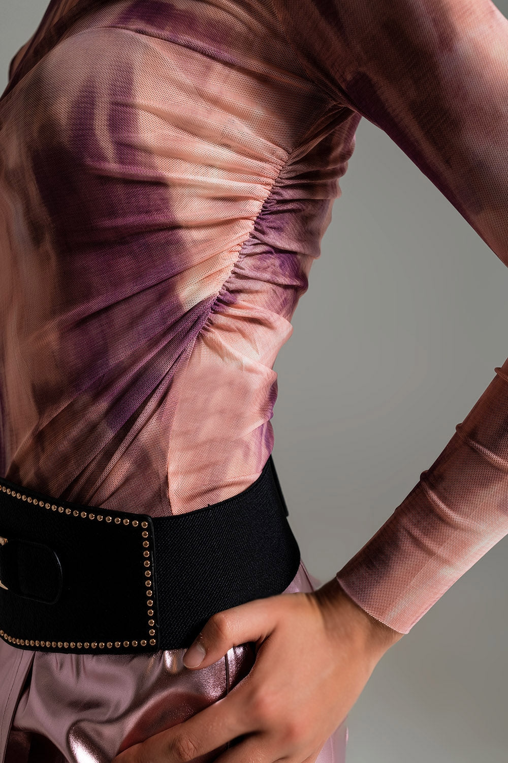 Mesh Top Rouched At The Side In Abstract Pink Print - Tops