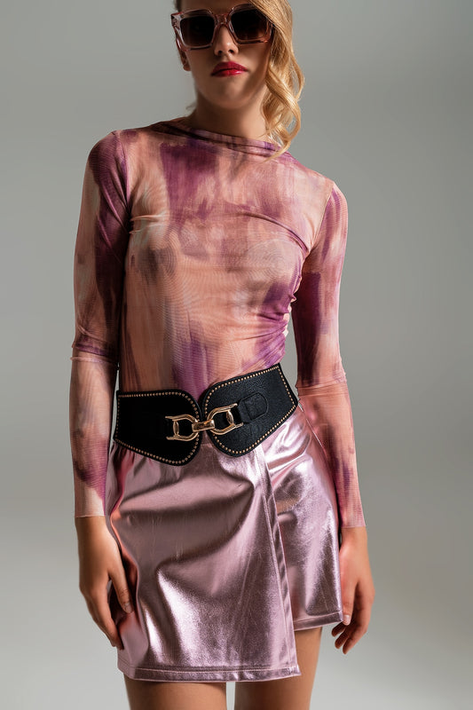 Mesh Top Rouched At The Side In Abstract Pink Print - Tops