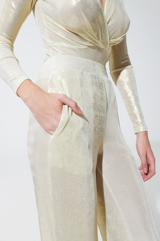 Metallic Finish Flared Legging in Pearl White. - Trousers