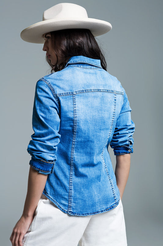 Mid Wash Denim Shirt With Chest Pockets And Press Buttons - Shirts