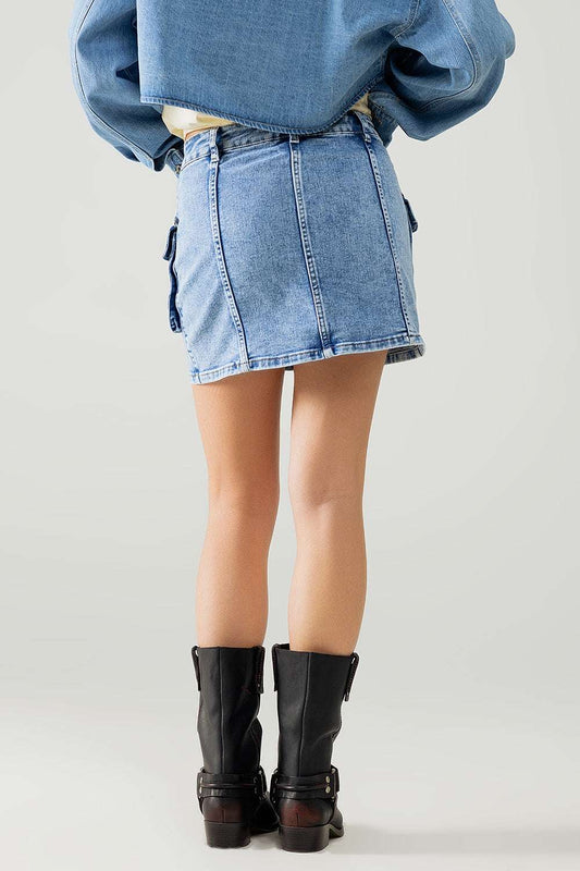 mid wash mini skirt with cargo pockets - Skirts