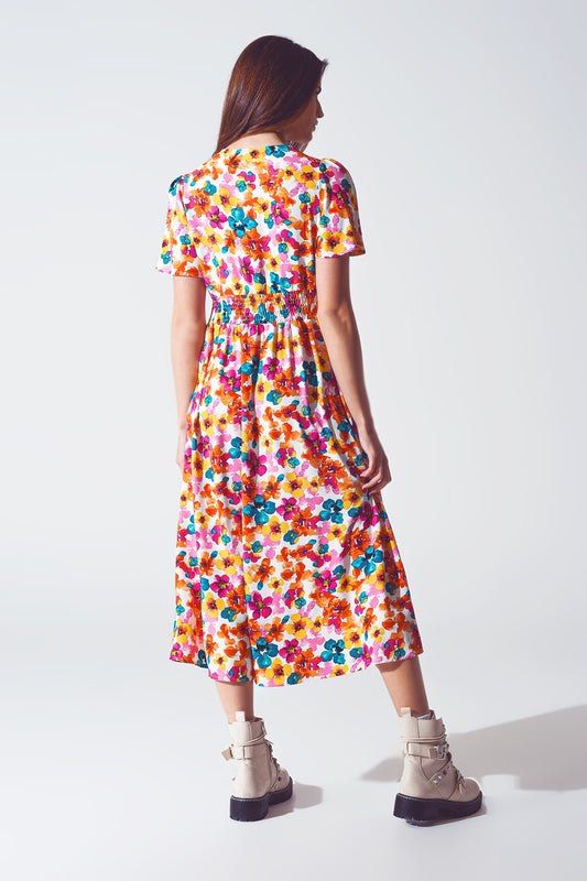 Midi Cinched In Wist Dress In Multicolot Floral Print - Dresses