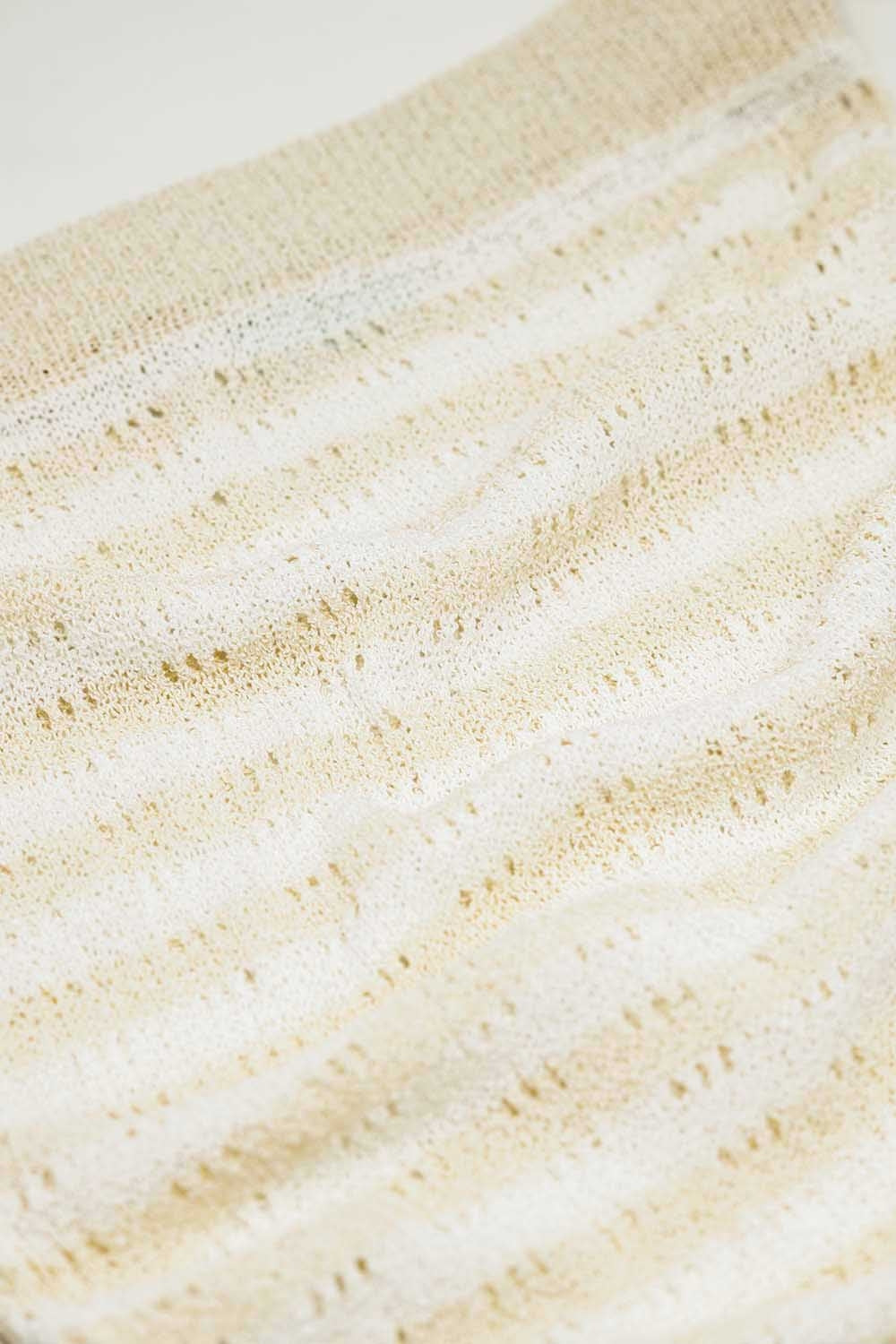 Midi Crochet White Skirt With Beige Stripes and Fringe Hem - Skirts