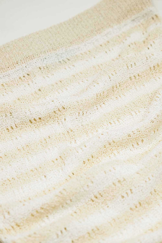 Midi Crochet White Skirt With Beige Stripes and Fringe Hem - Skirts