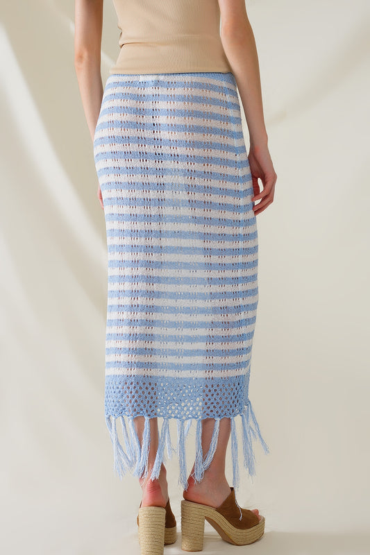 Midi Crochet White Skirt With Blue Stripes and Fringe Hem - Skirts
