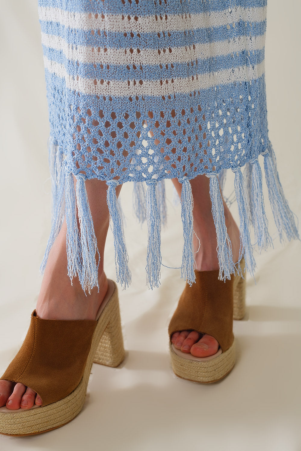 Midi Crochet White Skirt With Blue Stripes and Fringe Hem - Skirts
