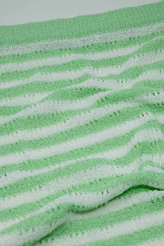 Midi Crochet White Skirt With Green Stripes and Fringe Hem - Skirts