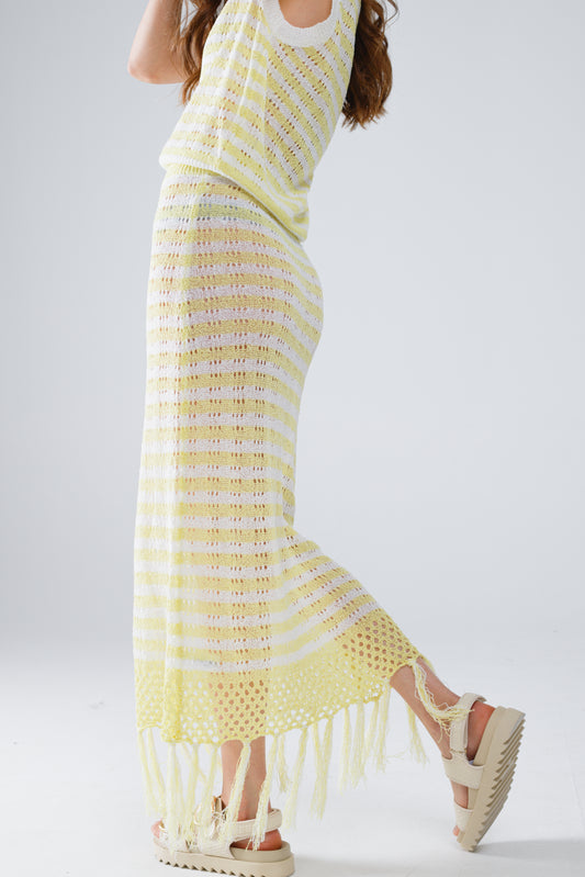Midi Crochet White Skirt With Yellow Stripes and Fringe Hem - Skirts