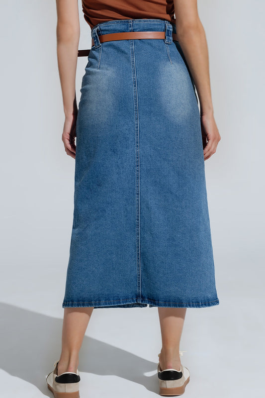 Midi Denim Skirt In Blue With Front Split - Skirts
