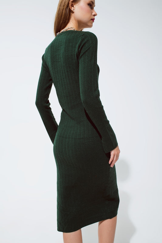 Midi Green Ribbed Knit Dress - Dresses
