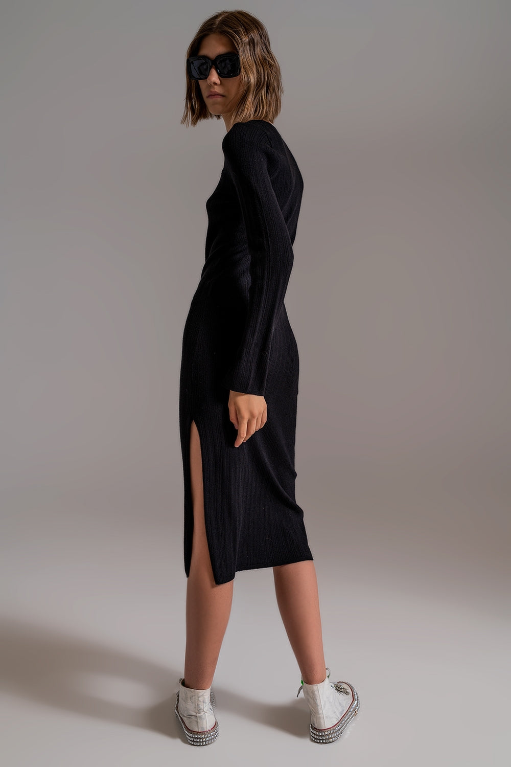 Midi Knit Dress With Square Neckline in Black - Dresses