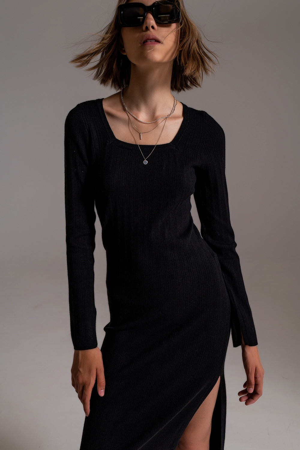 Midi Knit Dress With Square Neckline in Black - Dresses