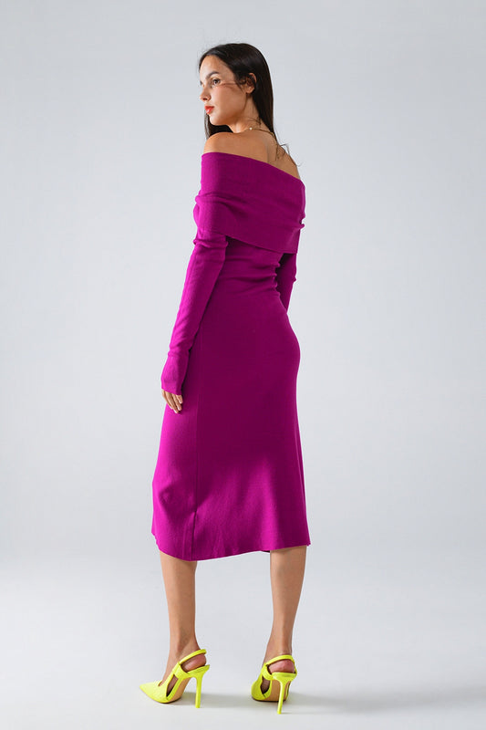 Midi Knitted Folover Badot Dress in Magenta - Dresses