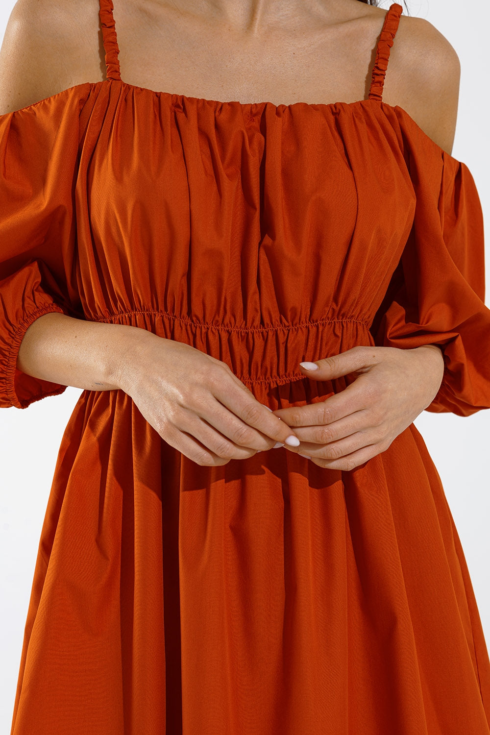 Midi orange dress with short sleeves and straps - Dresses