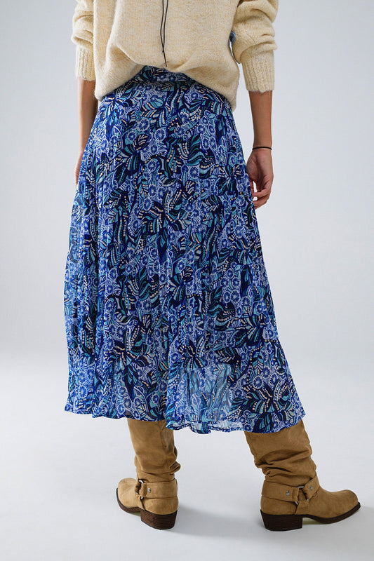 Midi Pleated Skirt In Blue Abstract Print With Button Placket - Skirts