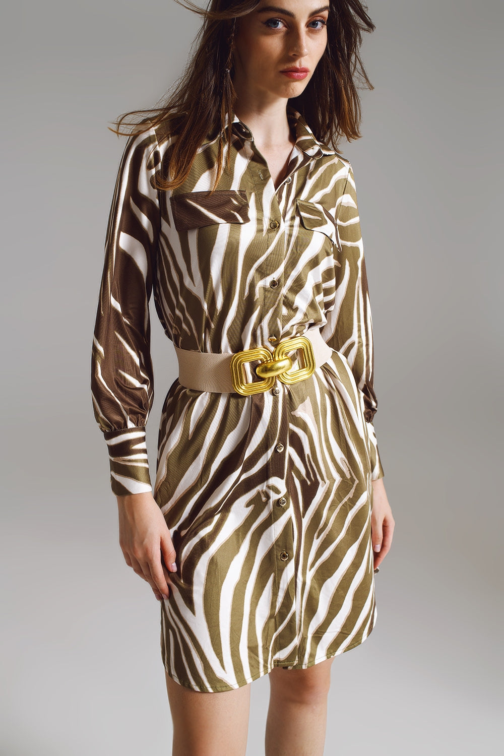 Midi short dress with zebra print in white and olive green - Dresses