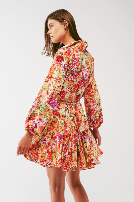 Mini Dress With Ruffles in Multicolor Floral Print - Dresses