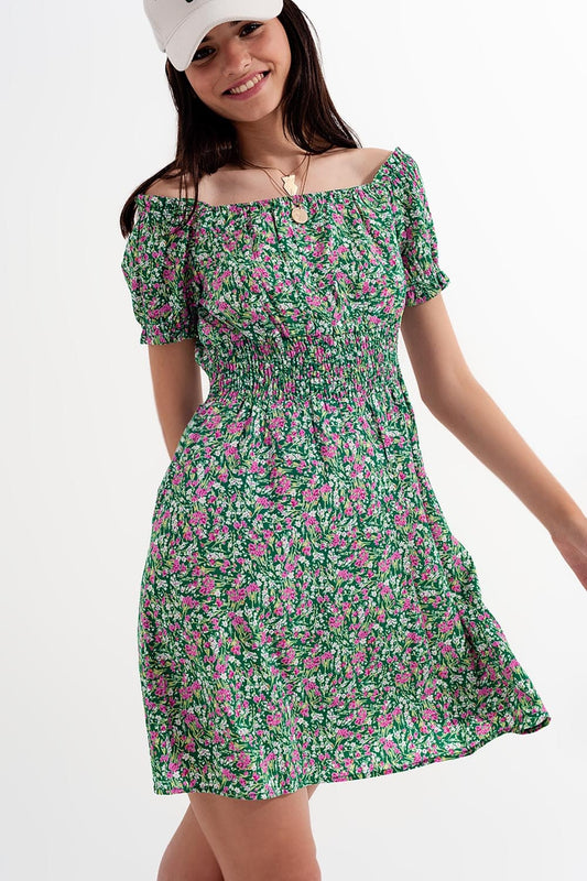 Mini dress with shirred detail in green ditsy floral print - Dresses