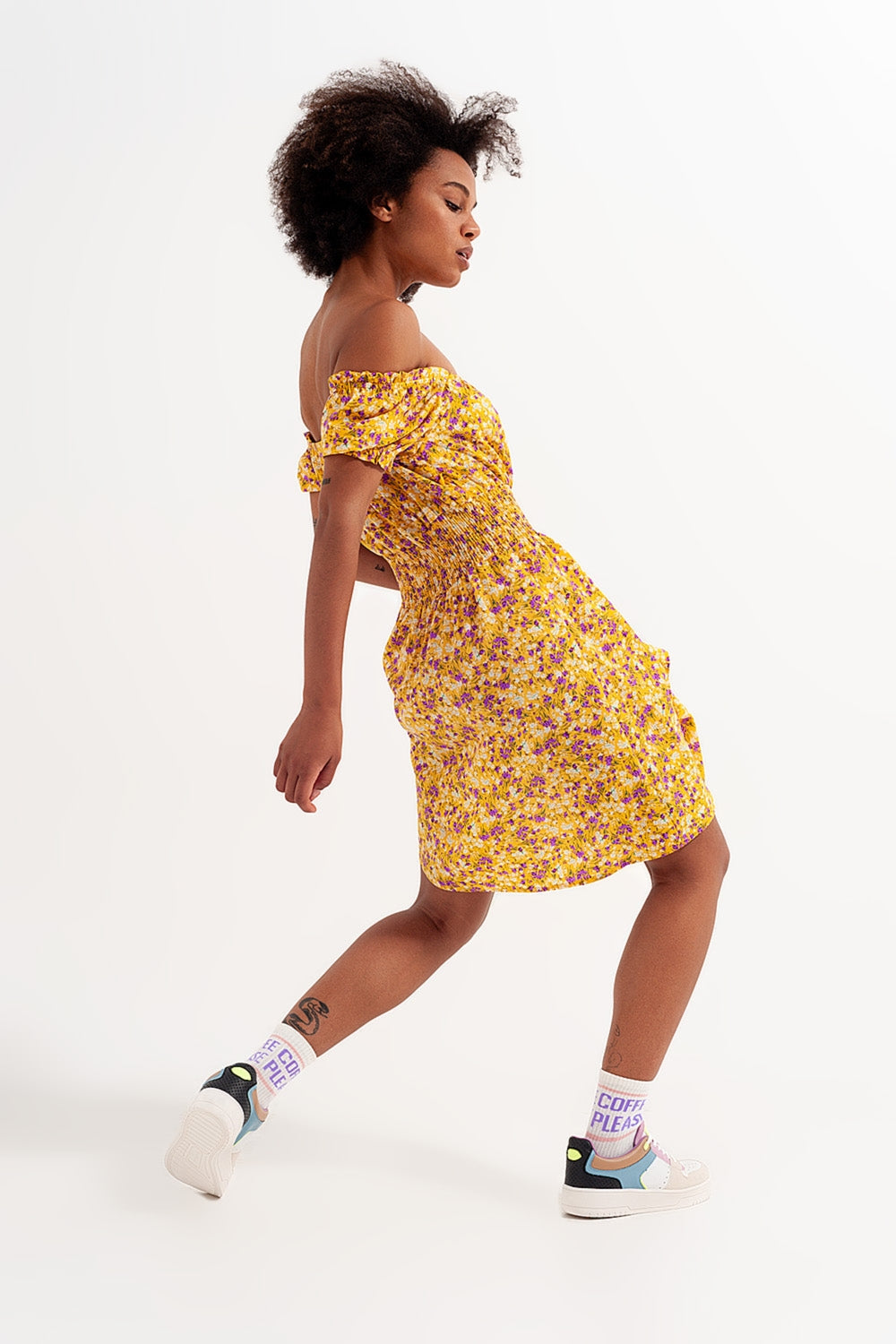 Mini dress with shirred detail in yellow ditsy floral print - Dresses
