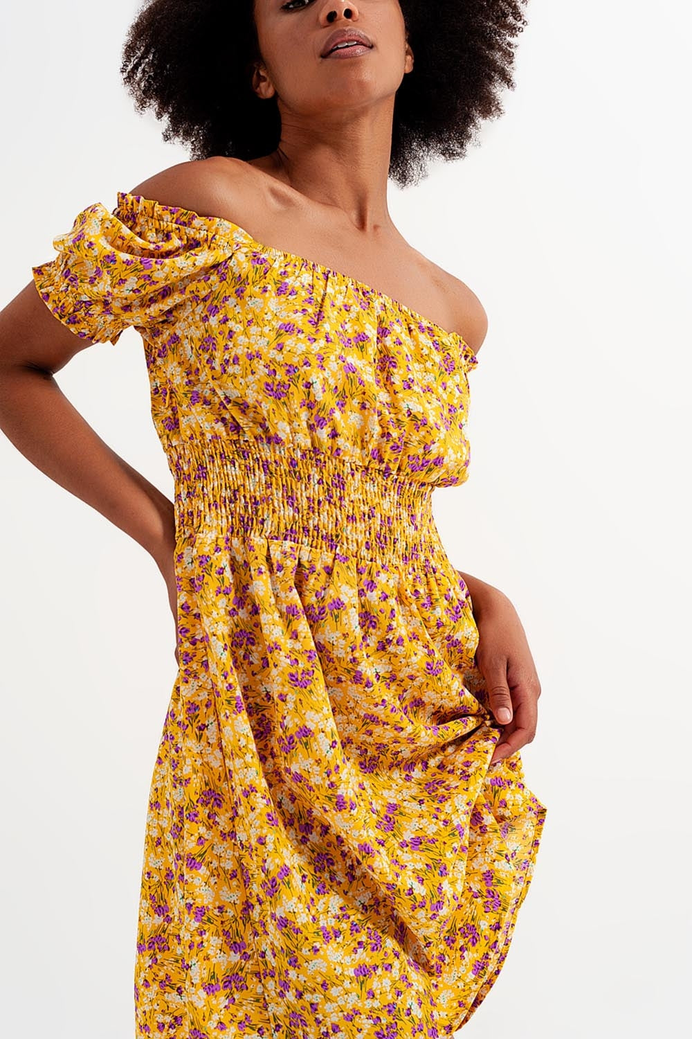 Mini dress with shirred detail in yellow ditsy floral print - Dresses
