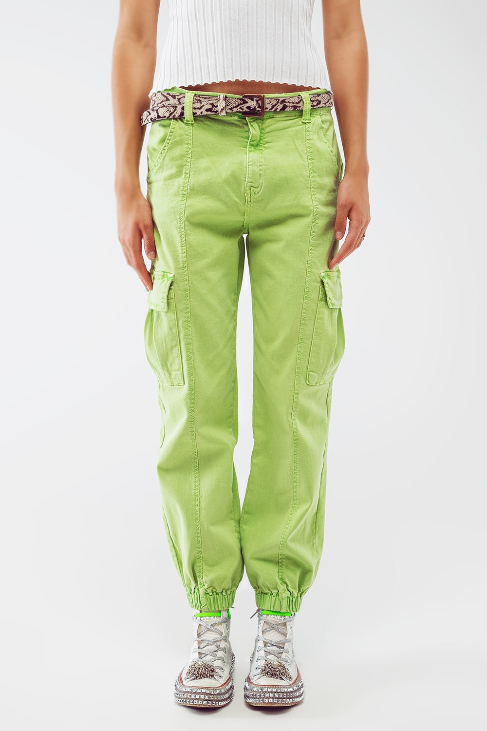 mint green cargo pants with elasticated waist and hem - Jeans