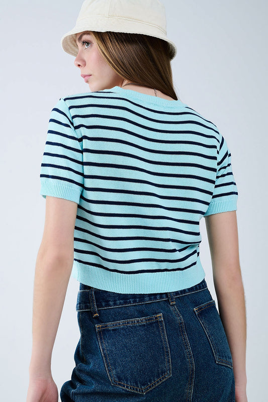 Mint Green Crop Sweater with navy Stripes - T-shirts