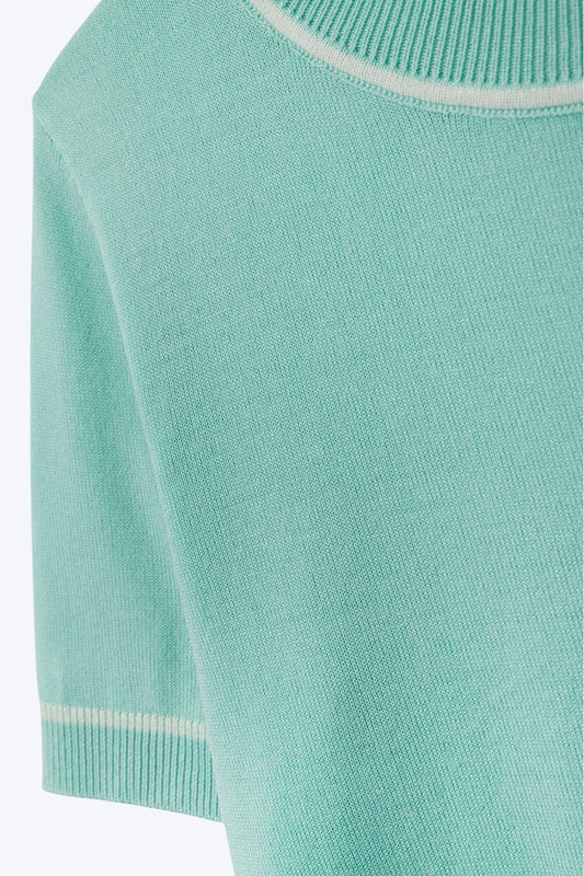 Mint Green Short Sleeve Knit Top with White Contrast Trims - Sweaters