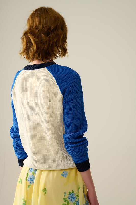 moss stitch knitted sweater with contrasting sleeves in blue - Jumpers