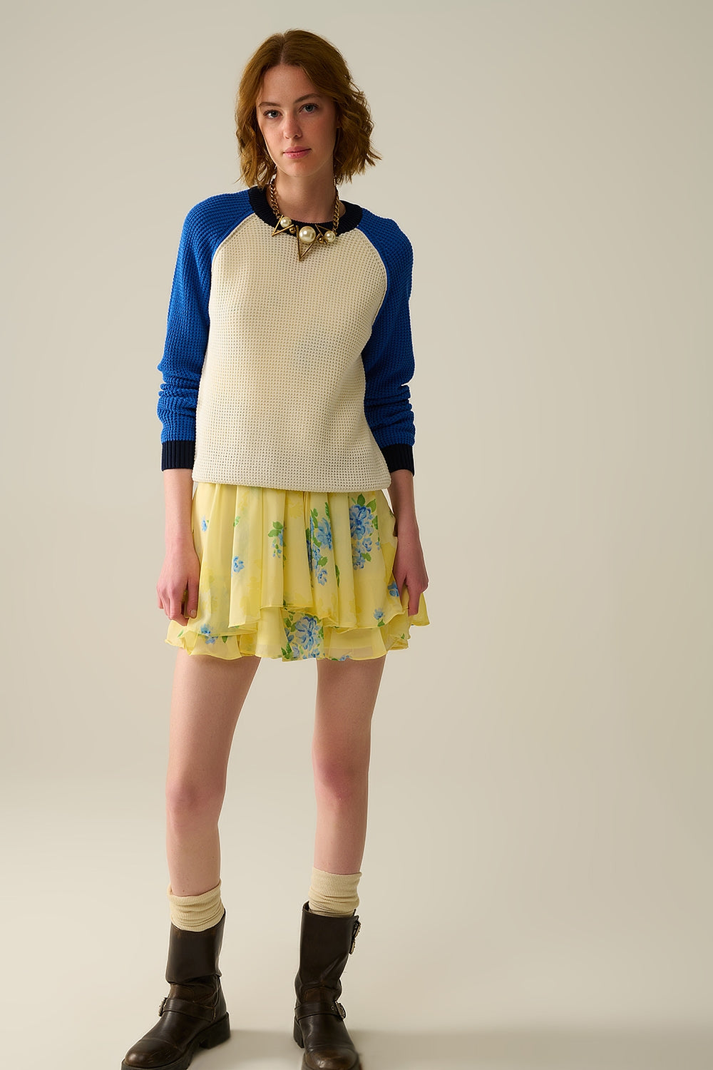 moss stitch knitted sweater with contrasting sleeves in blue - Jumpers
