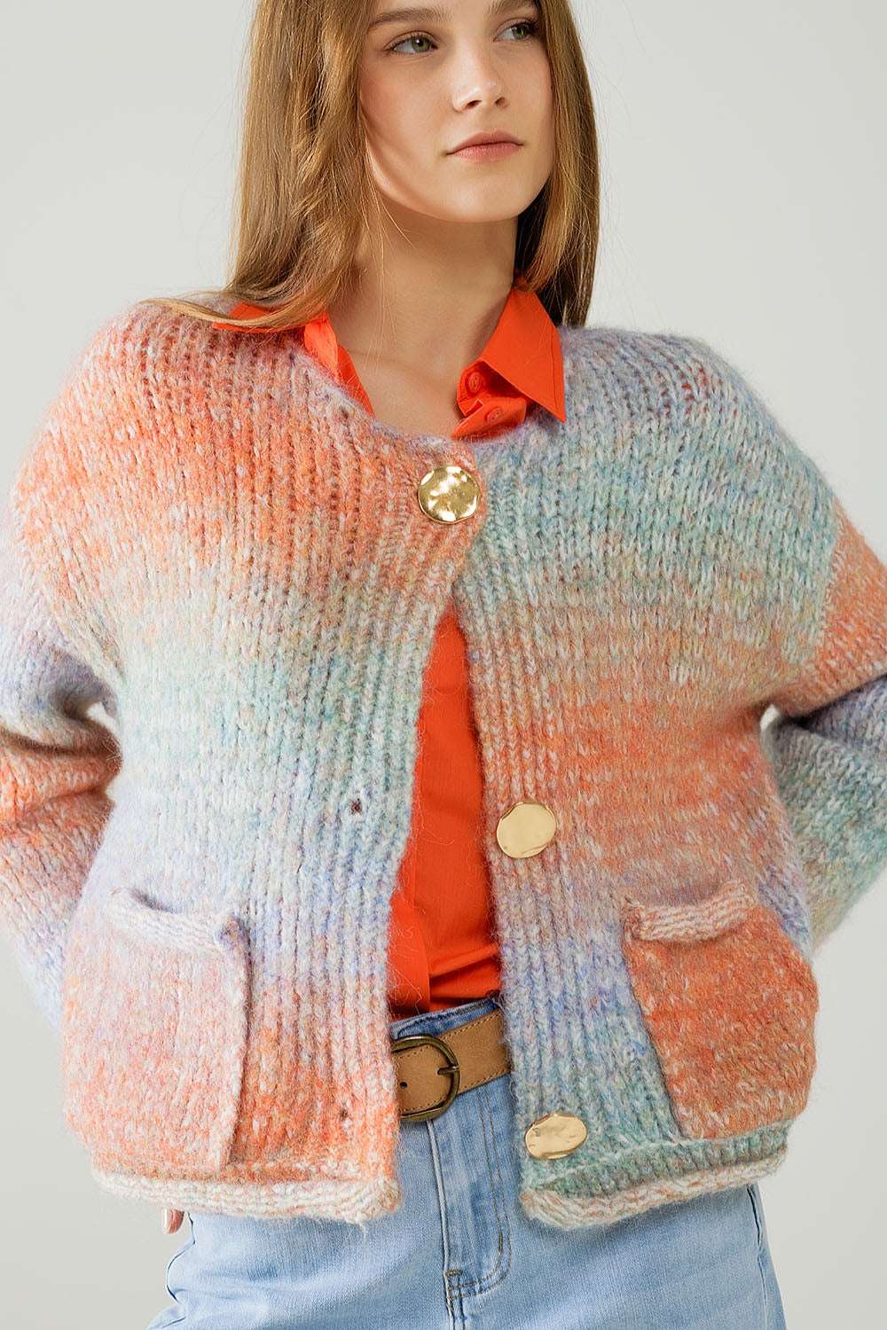 Multicolor Knit Cardigan with 3 Gold Buttons - Cardigans