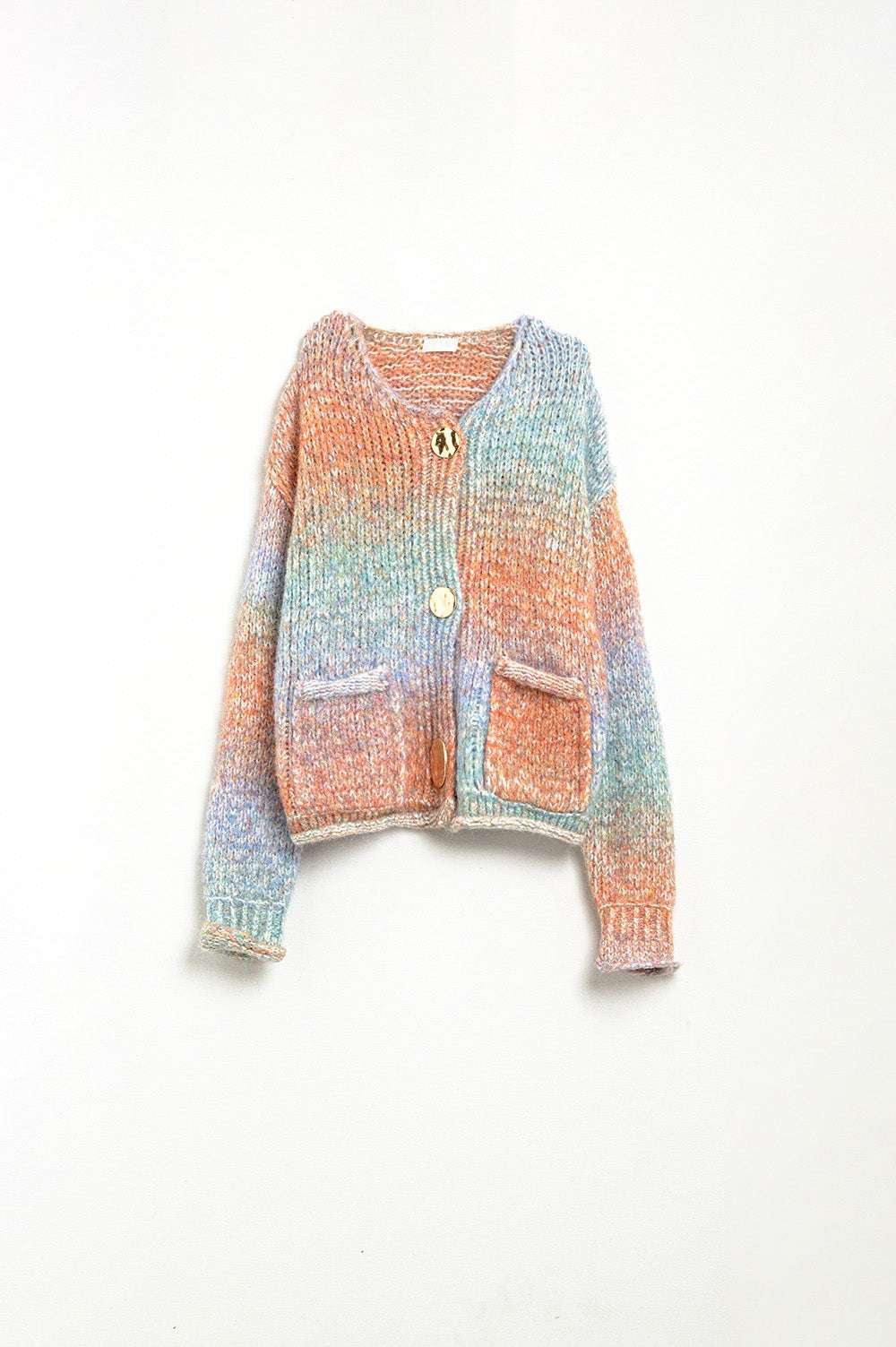 Multicolor Knit Cardigan with 3 Gold Buttons - Cardigans