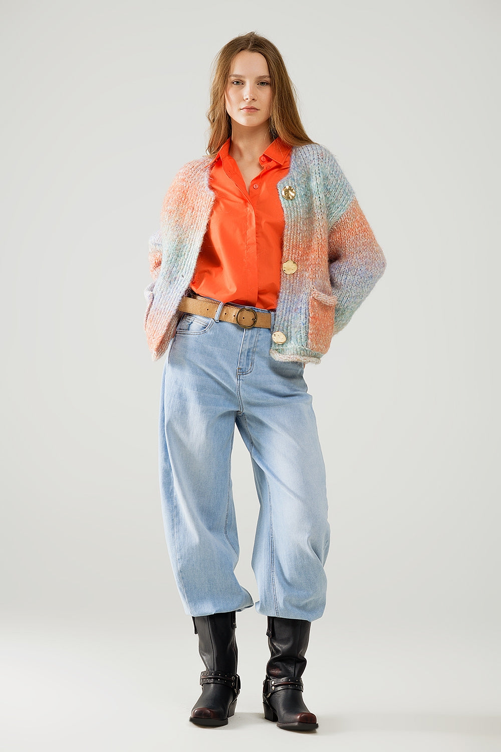 Multicolor Knit Cardigan with 3 Gold Buttons - Cardigans