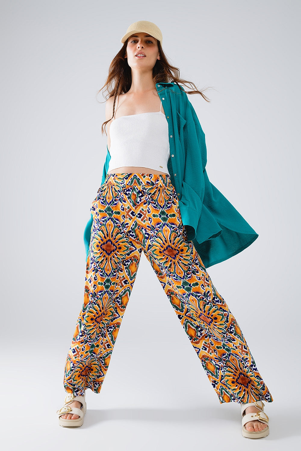 Multicolor Pants With Flower Print In Orange And Blue - Trousers