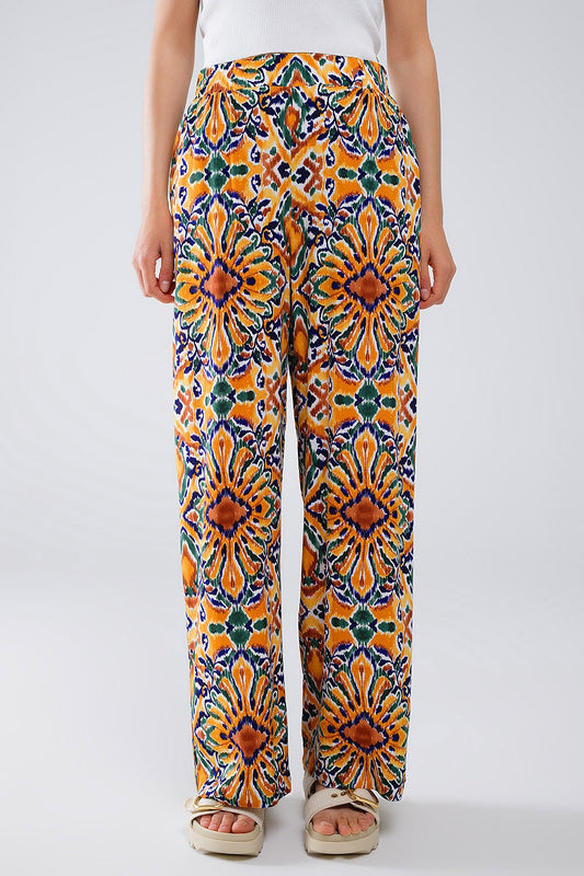 Multicolor Pants With Flower Print In Orange And Blue - Trousers