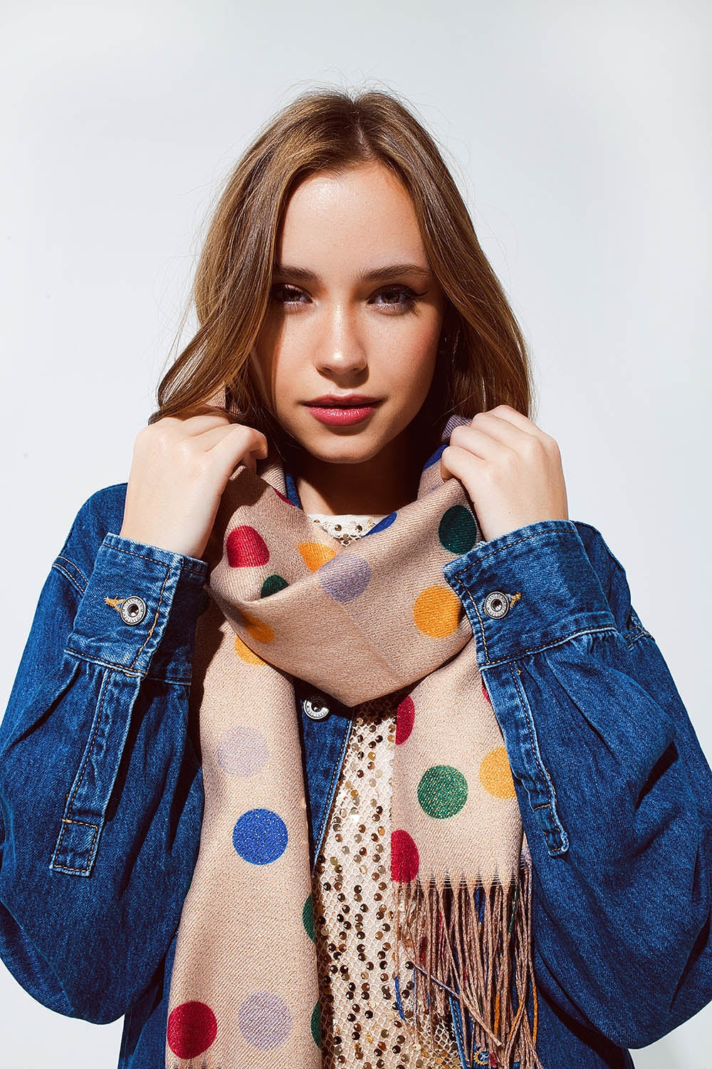 Multicolored Polka Dot soft Scarf in Beige - Scarves