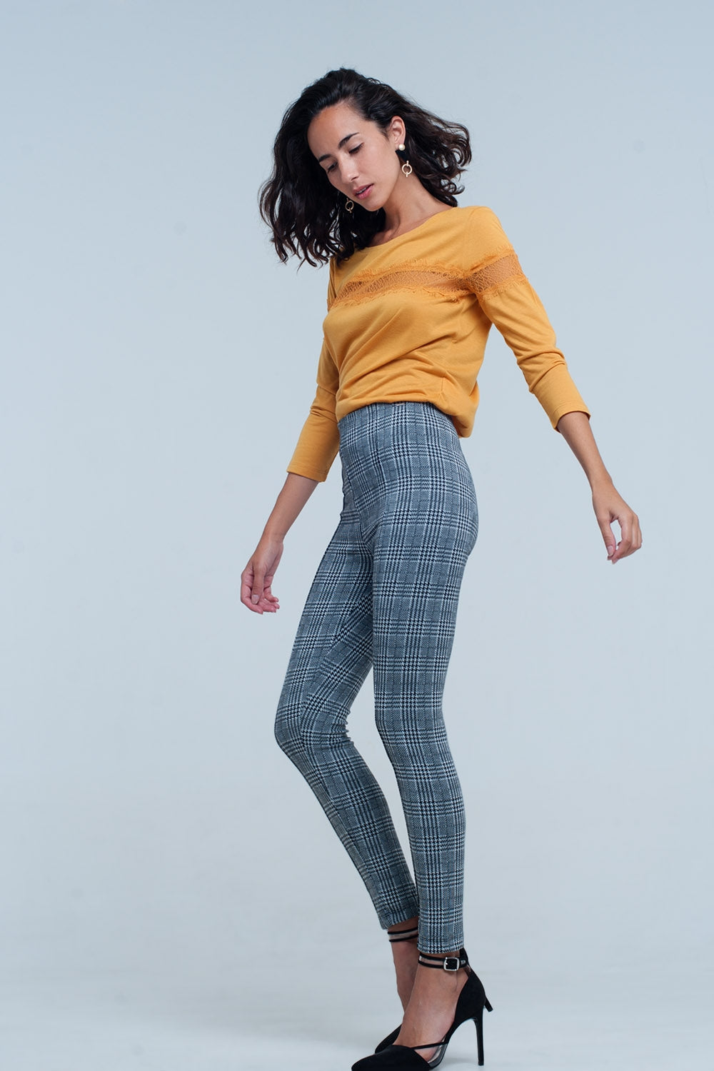 Mustard 3/4 Sleeve T-Shirt With Eyelash Trim - T-Shirts