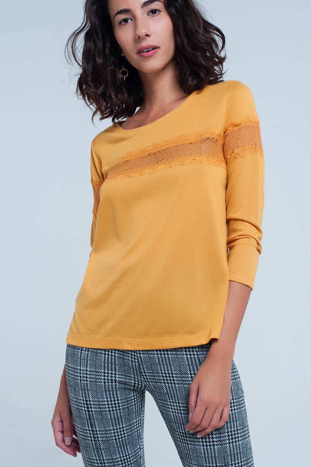 Mustard 3/4 Sleeve T-Shirt With Eyelash Trim - T-Shirts
