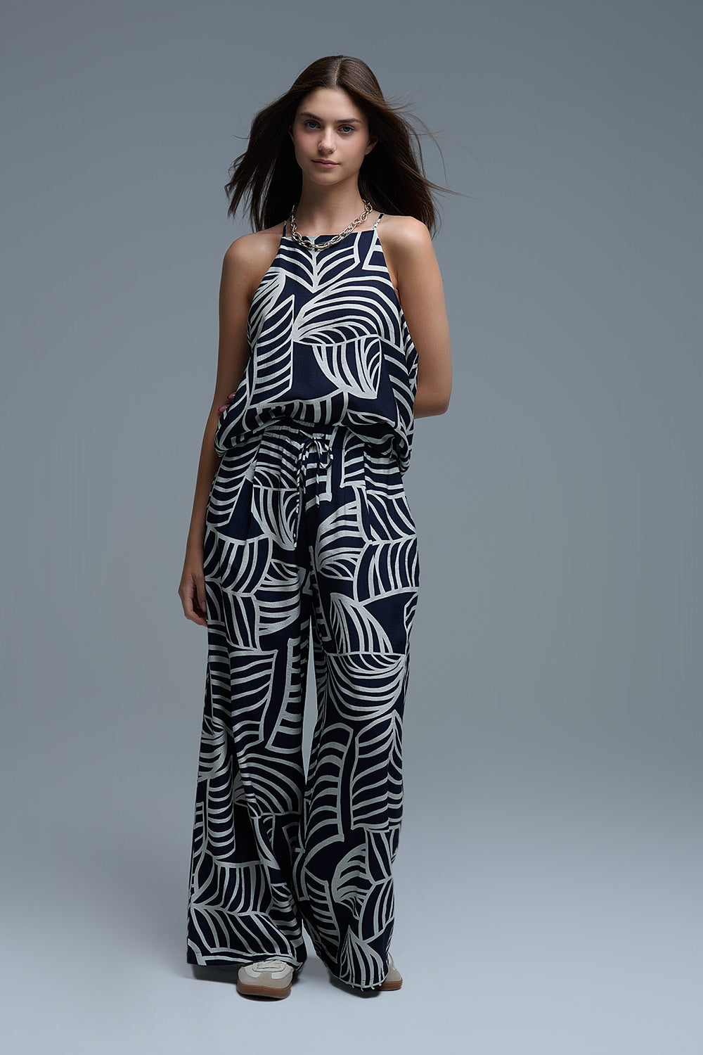 Navy and White Sleeveless Halter Top with White Leaf Print - Tops