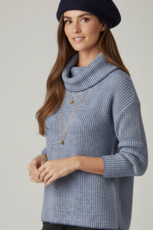 Navy blue ribbed knit sweater with a roll neck -