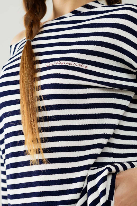 navy blue striped fine knit sweater with boat neck - Jumpers